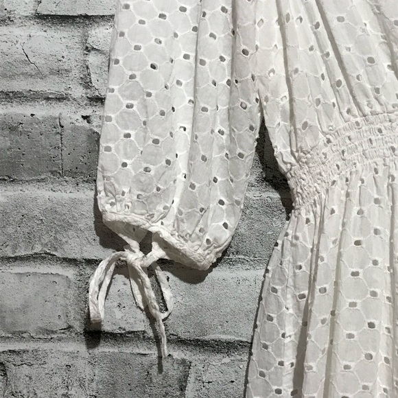 Taylor White Eyelet Half-Sleeve V-Neck Smocked A-Line Dress - Picture 5 of 6